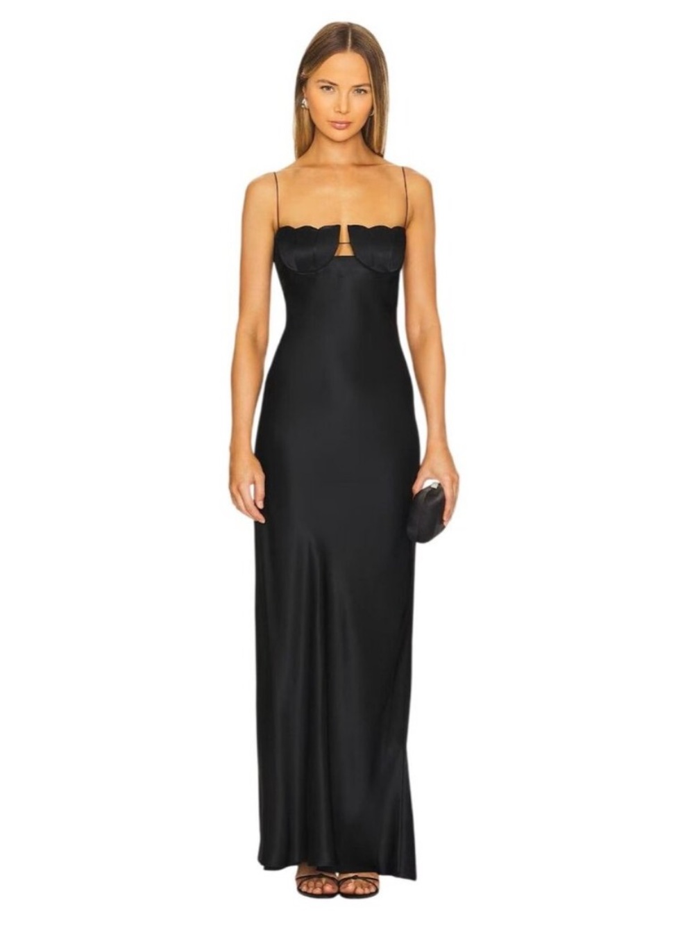 Anna October Tulip Cup Maxi Dress in Black Satin Tie Strap Viral NEW Size Large